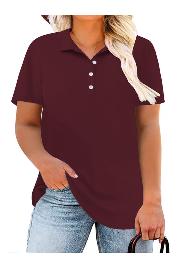 Plus Size T Shirts Women Short Sleeve Classic Polo Work Blouses Wine Red XL