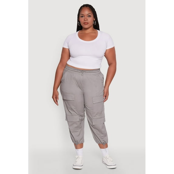 Womens Plus Size Poplin Drawstring Hem Utility Capris