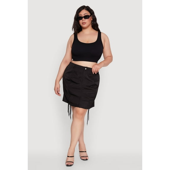 Womens Plus Size Poplin Drawstring Ruched Mini Skirt