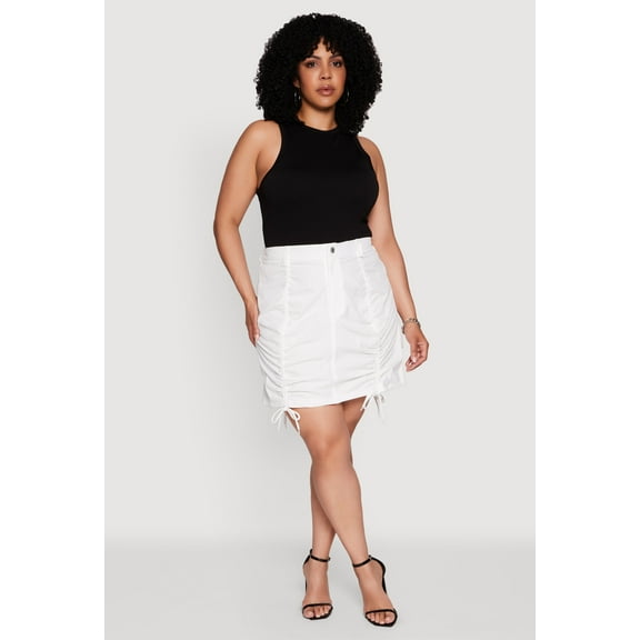 Womens Plus Size Poplin Drawstring Ruched Mini Skirt