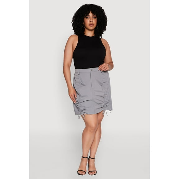 Womens Plus Size Poplin Drawstring Ruched Mini Skirt