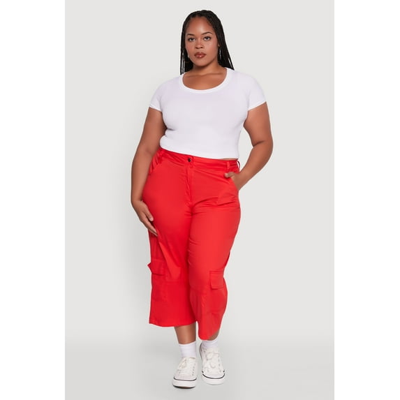 Womens Plus Size Poplin High Waisted Cargo Capris