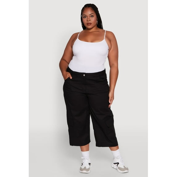 Womens Plus Size Poplin High Waisted Cargo Capris