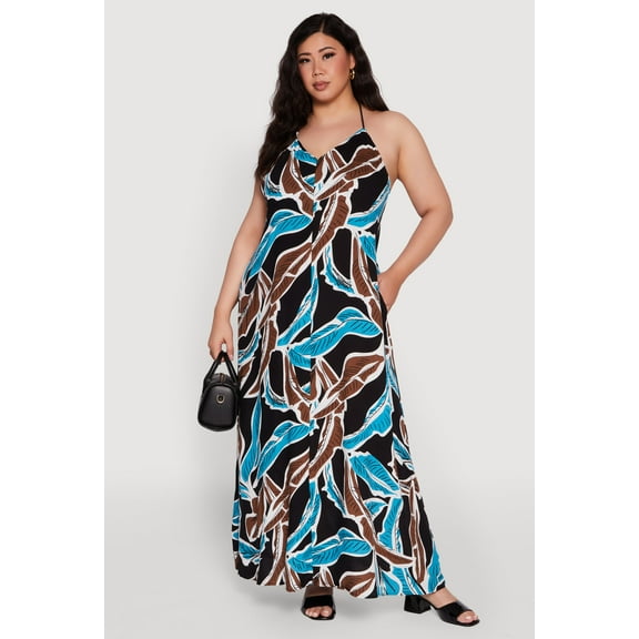 Womens Plus Size Printed Pattern Open Back Maxi Dress