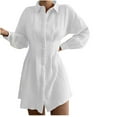 thumbnail image 1 of Womens Plus Size Puff Long Sleeve Mini Shirts Dress Button Down Turndown Collar Short Blouse Dress Ruched Plain Dress, 1 of 5