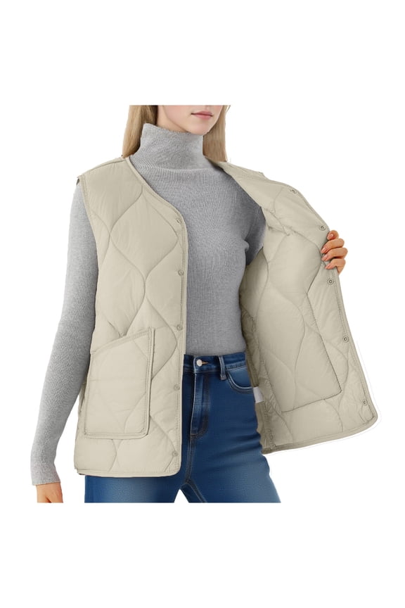 Womens Plus Size Puffer Vest Lightweight Sleeveless Buttons Thin Quilted Padded Jacket for Layering Fall Winter Warm Gilet with Pockets