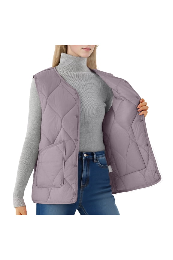 Womens Plus Size Puffer Vest Lightweight Sleeveless Buttons Thin Quilted Padded Jacket for Layering Fall Winter Warm Gilet with Pockets