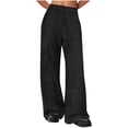 thumbnail image 1 of Womens Plus Size Pull on Linen Pants New Women's Wide Leg Pants Ribbed High Elastic Waist Loungewear Pants Loose Fall Comfy Solid Color Soft Trouser Black S, 1 of 7