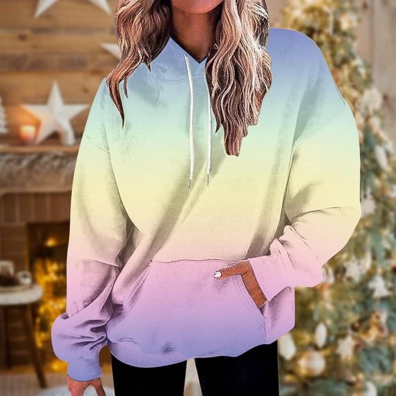 Womens Plus Size Pullover Hoodies Tops Loose Fitting Printed Long Sleeved Hoodie Sports Fashionable Loose Casual Gradient Color Top