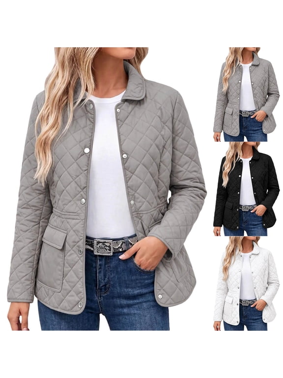 Womens Plus Size Quilted Jackets Loose Fit Long Sleeves Button Down Puffer Coat with Pockets LIghtweight Fall Winter Outwear Size to 3XL