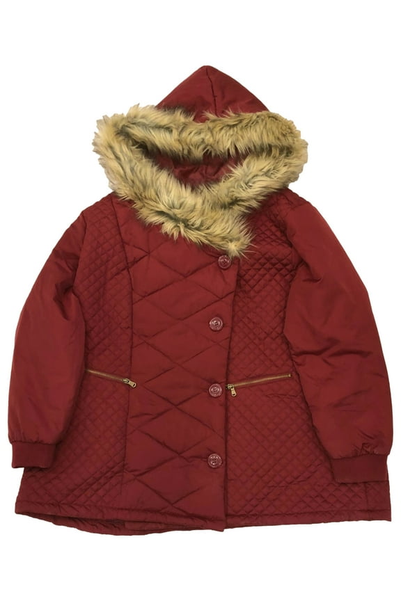 Womens Plus Size Quited Burgundy Red Winter Coat Button Front Ski Jacket 3X