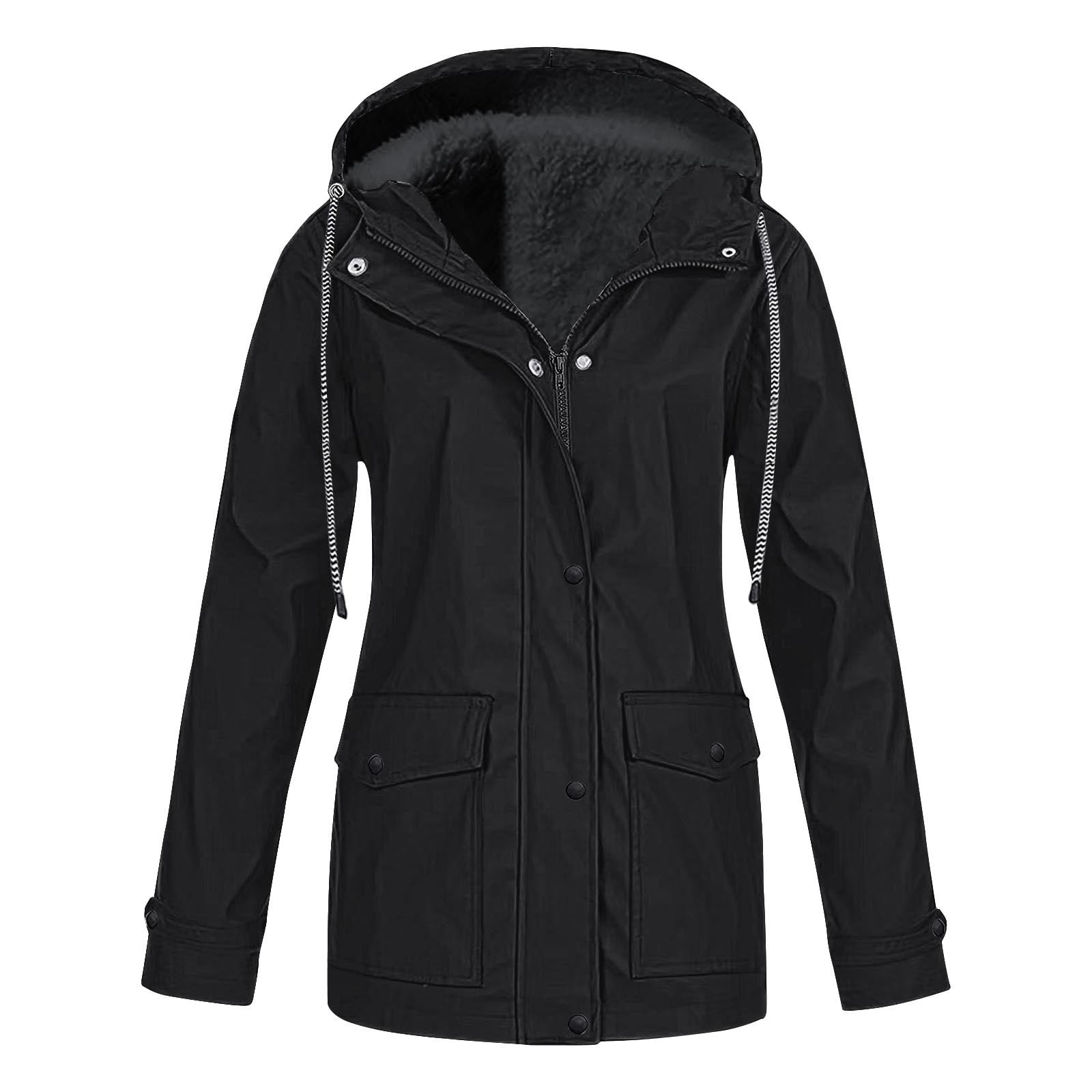 Womens Plus Size Rain Coats with Pockets and Hooded S-5X Fleece Lined Full Zipper Jackets Casual Solid Waterproof-Warm Long Sleeve Outerwear