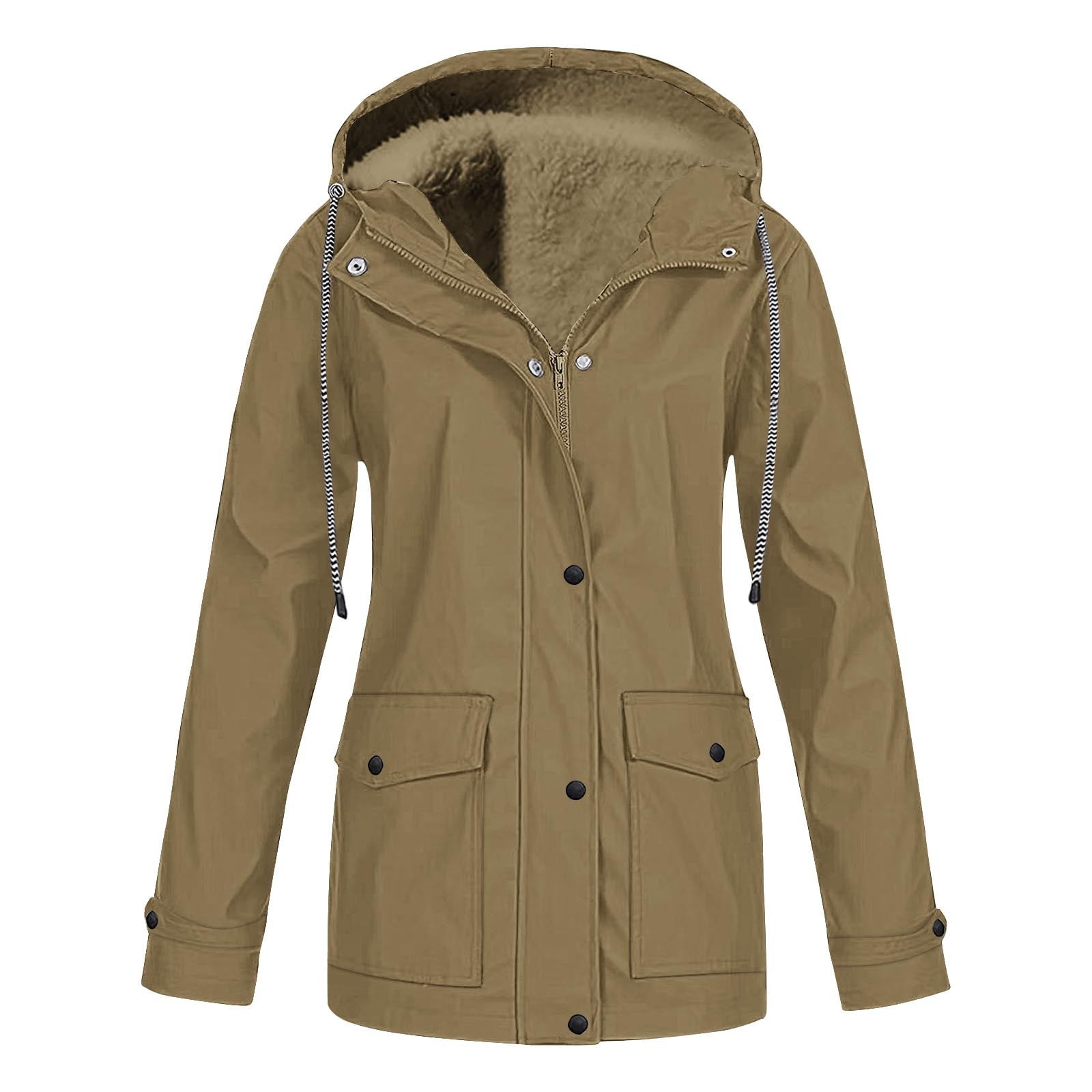 Womens Plus Size Rain Coats with Pockets and Hooded S-5X Fleece Lined Full Zipper Jackets Casual Solid Waterproof-Warm Long Sleeve Outerwear