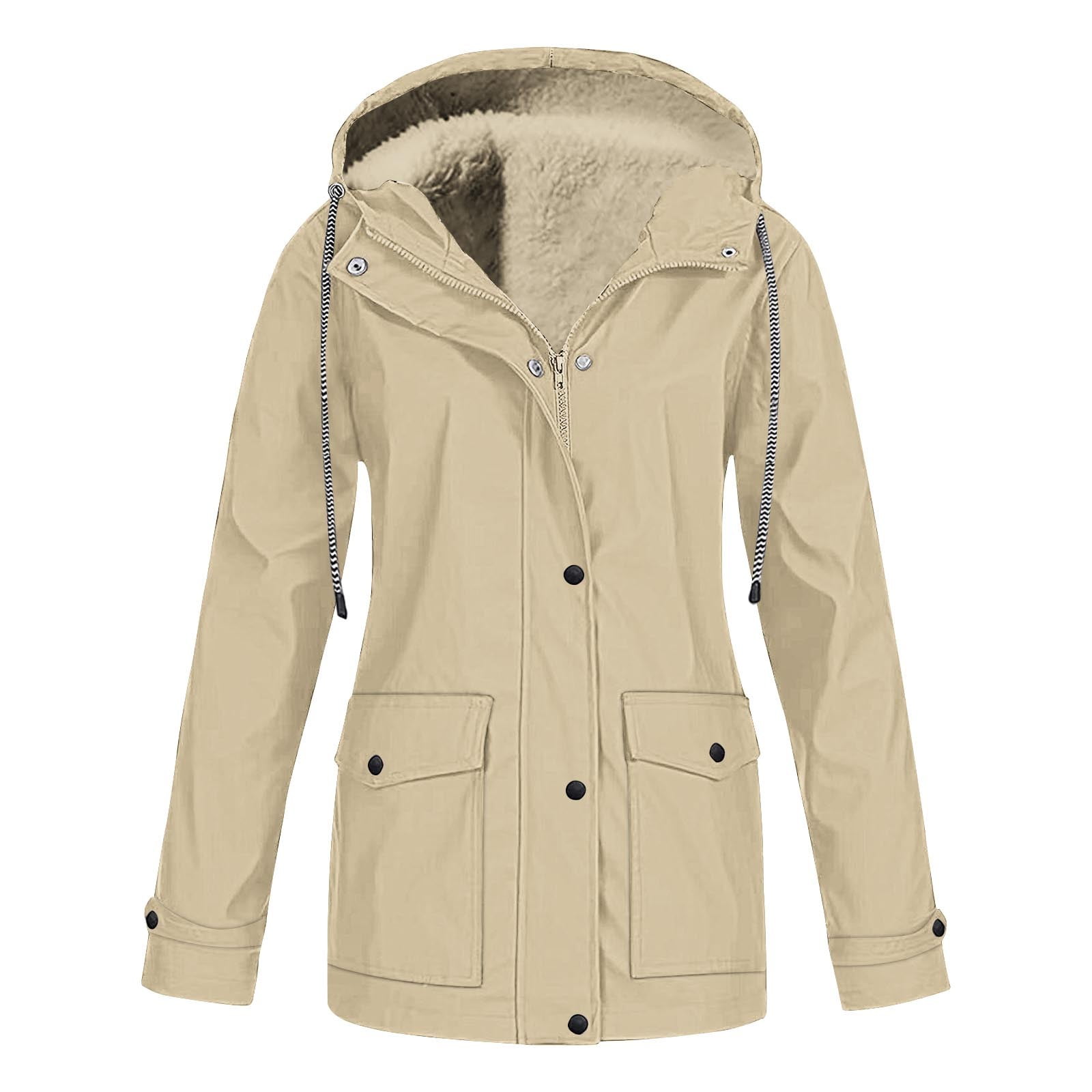 Womens Plus Size Rain Coats with Pockets and Hooded S-5X Fleece Lined Full Zipper Jackets Casual Solid Waterproof-Warm Long Sleeve Outerwear
