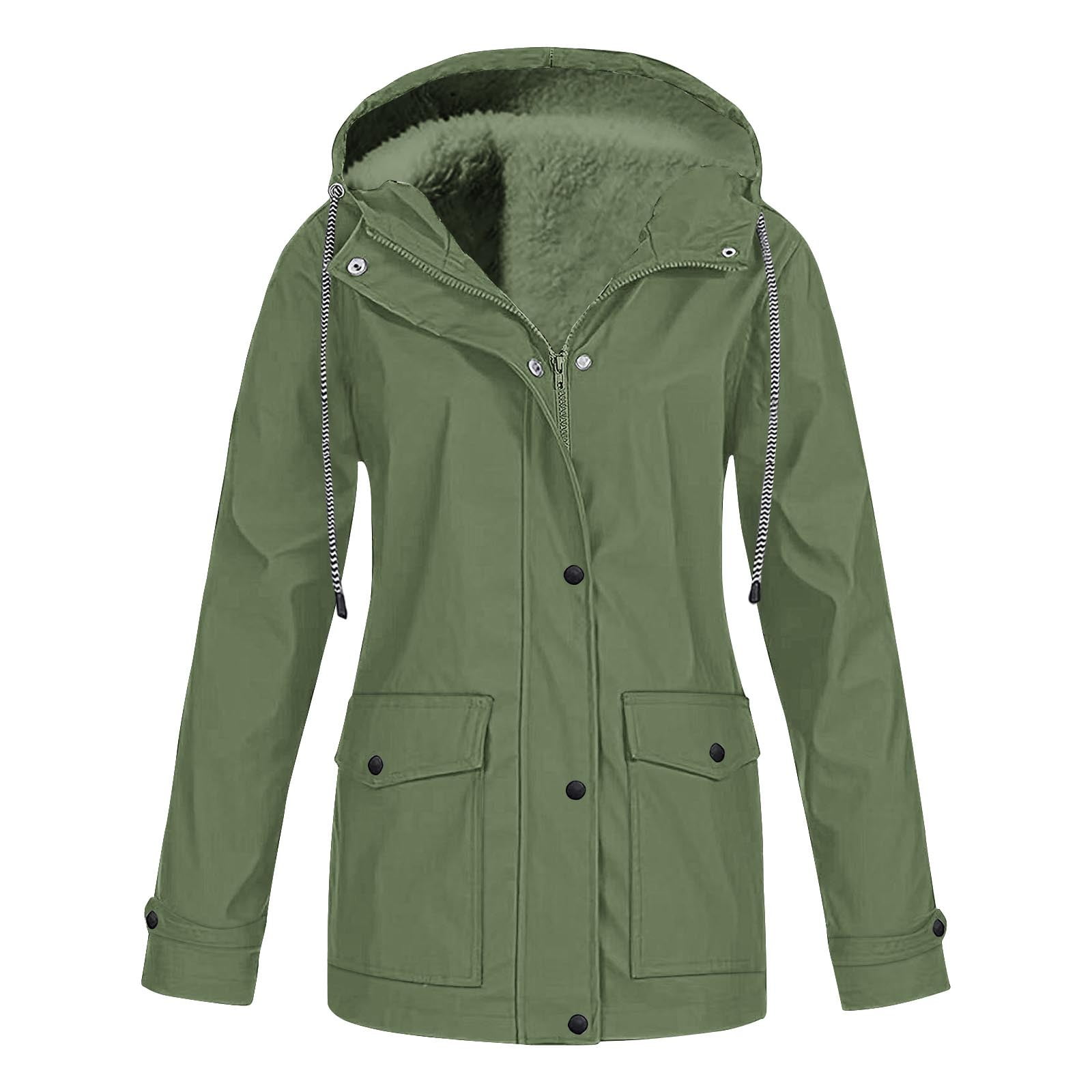 Womens Plus Size Rain Coats with Pockets and Hooded S-5X Fleece Lined Full Zipper Jackets Casual Solid Waterproof-Warm Long Sleeve Outerwear