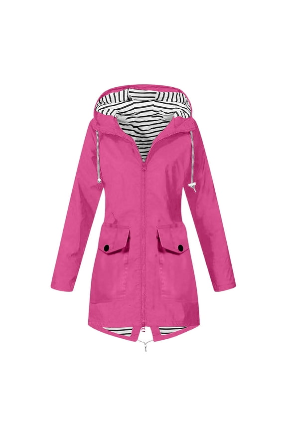 Womens Plus Size Rain Coats, Rain Jacket Women Lightweight Raincoat Waterproof Windbreaker Striped Climbing Outdoor Hooded Trench Coats with Pockets S-5XL