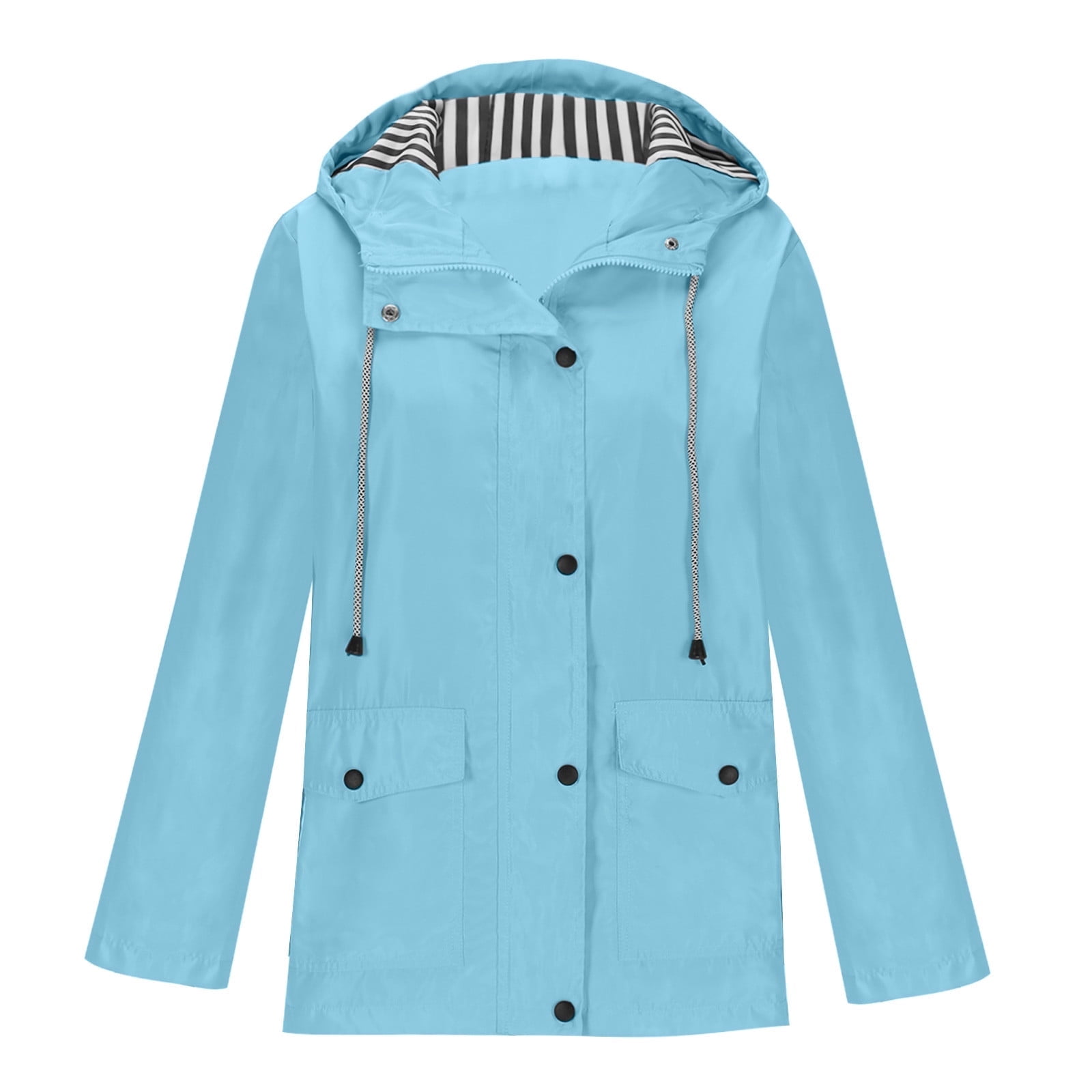 Womens Plus Size Rain Coats with Hooded and Pockets S-5X Jackets Solid Snap-Zipper Up Waterproof Long Sleeve Workout Outerwear Raincoat