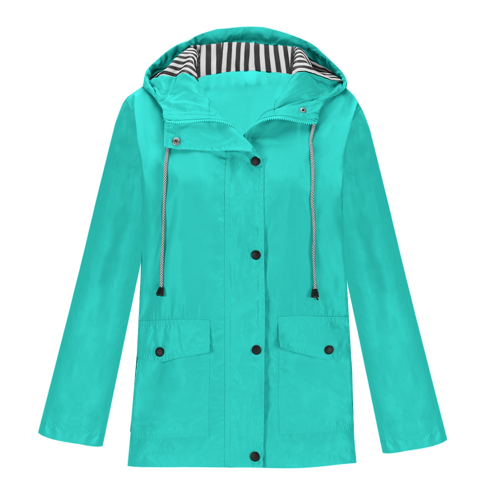 Womens Plus Size Rain Coats with Hooded and Pockets S-5X Jackets Solid Snap-Zipper Up Waterproof Long Sleeve Workout Outerwear Raincoat