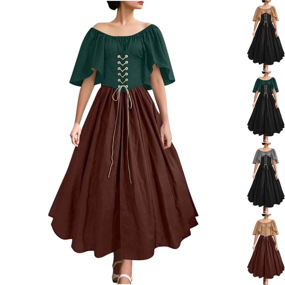 Womens Plus Size Renaissance Dress Medieval Costume Lace Up Corset Off Shoulder Flutter Sleeve Peasant Gown for Halloween Cosplay, Brown, 5XL