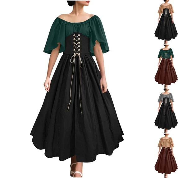 Womens Plus Size Renaissance Dress Medieval Costume Lace Up Corset Off Shoulder Flutter Sleeve Peasant Gown for Halloween Cosplay, Green, 5XL