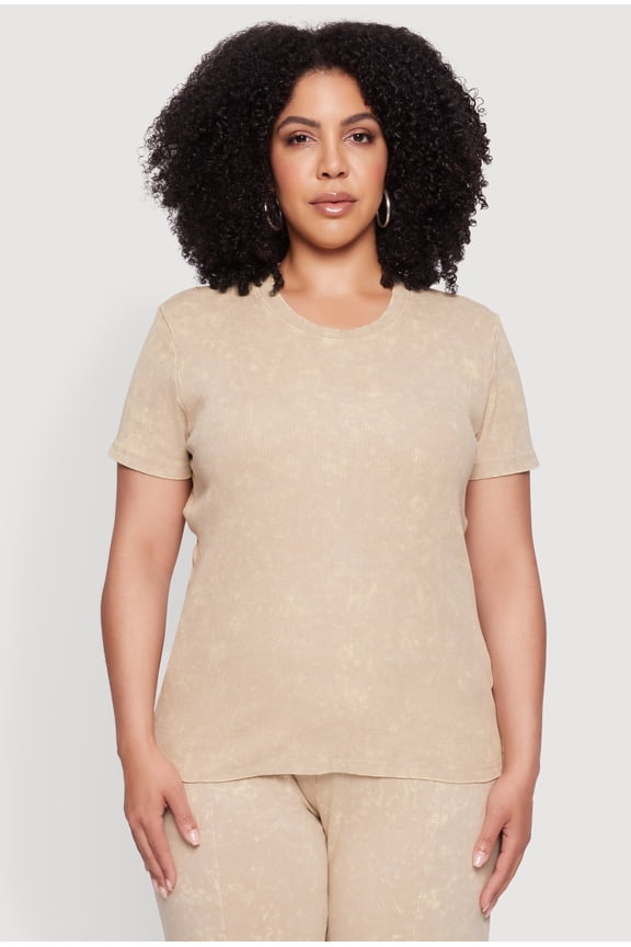 Womens Plus Size Rib Knit Acid Wash Crew Neck Tee