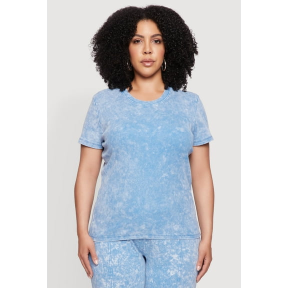 Womens Plus Size Rib Knit Acid Wash Crew Neck Tee