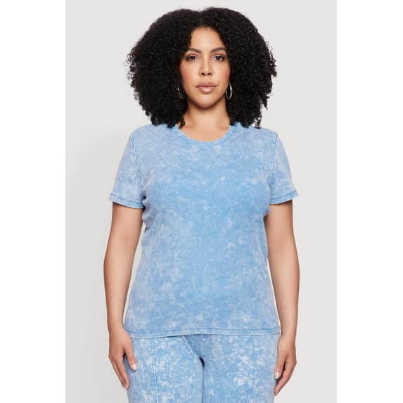 Womens Plus Size Rib Knit Acid Wash Crew Neck Tee