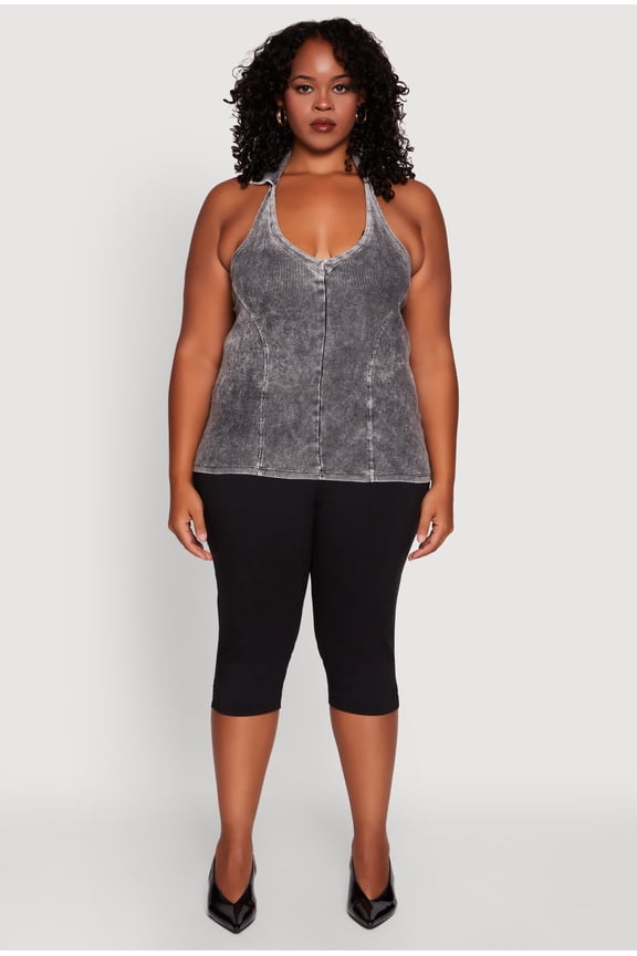 Womens Plus Size Ribbed Knit Acid Wash Halter Top