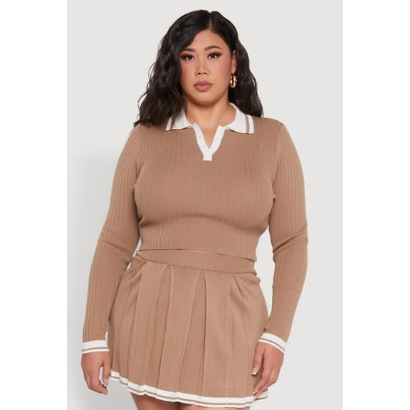 Womens Plus Size Ribbed Knit Crop Varsity Stripe Sweater