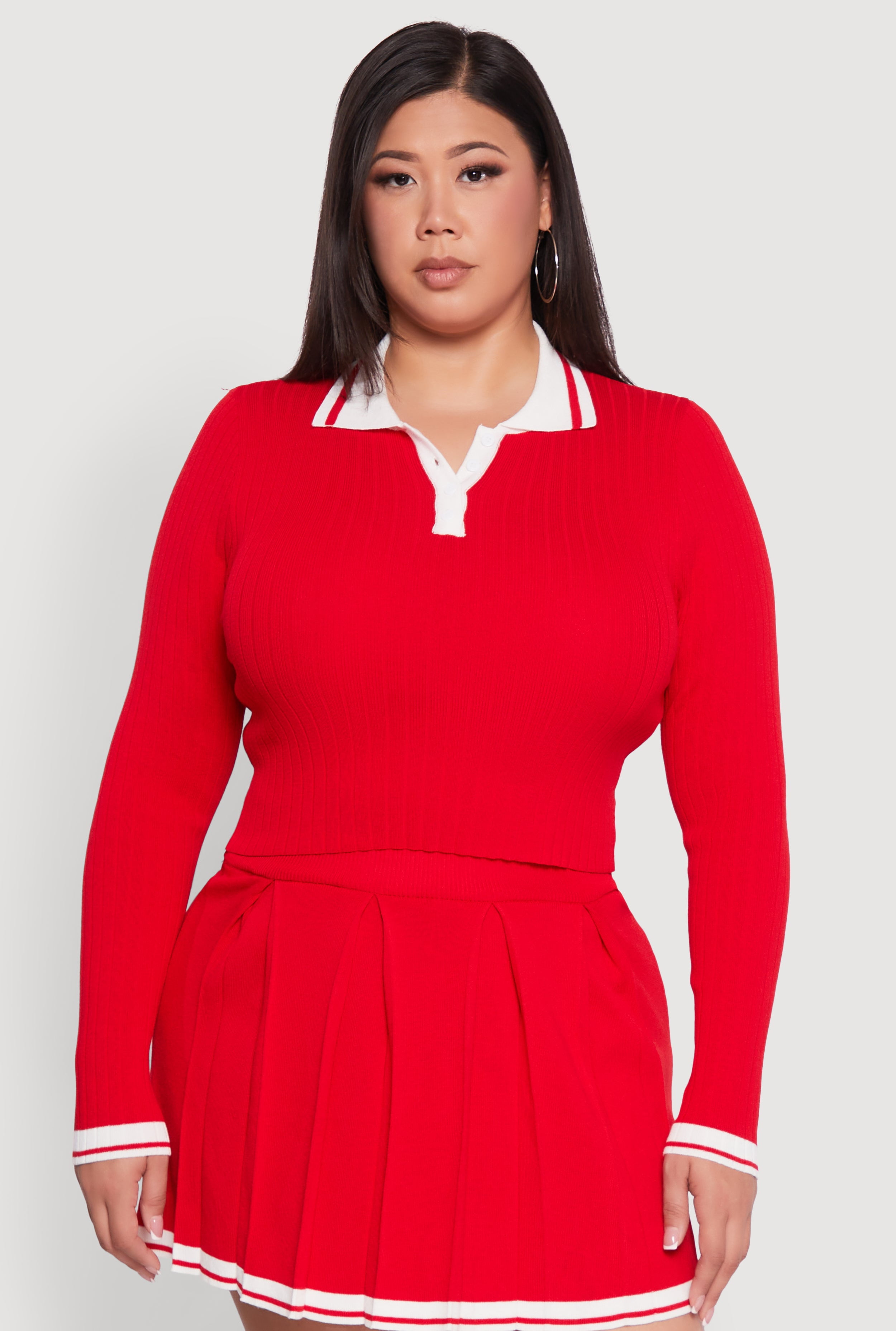 Womens Plus Size Ribbed Knit Crop Varsity Stripe Sweater