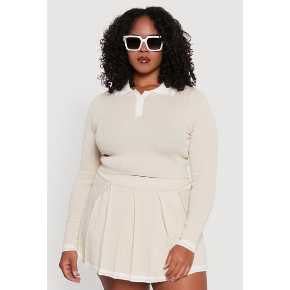 Womens Plus Size Ribbed Knit Crop Varsity Stripe Sweater