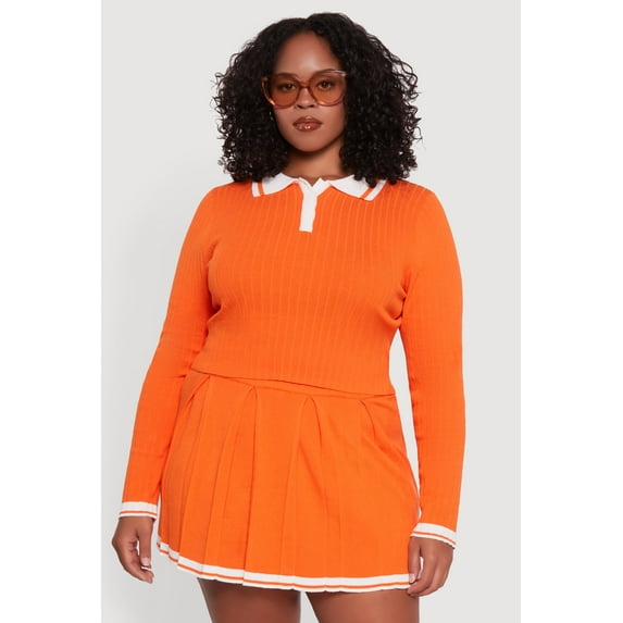 Womens Plus Size Ribbed Knit Crop Varsity Stripe Sweater