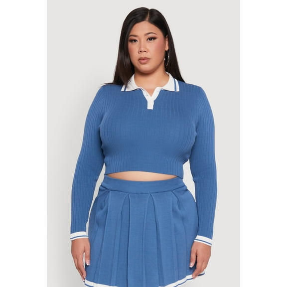 Womens Plus Size Ribbed Knit Crop Varsity Stripe Sweater