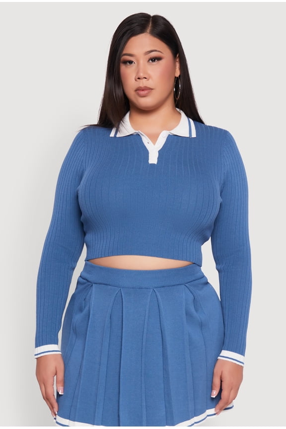Womens Plus Size Ribbed Knit Crop Varsity Stripe Sweater