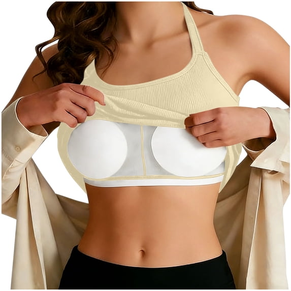 Womens Plus Size Ribbed Tank Tops with Built in Bra Summer Halter Cropped T Shirts Sports Workout Yoga Top Beige, L