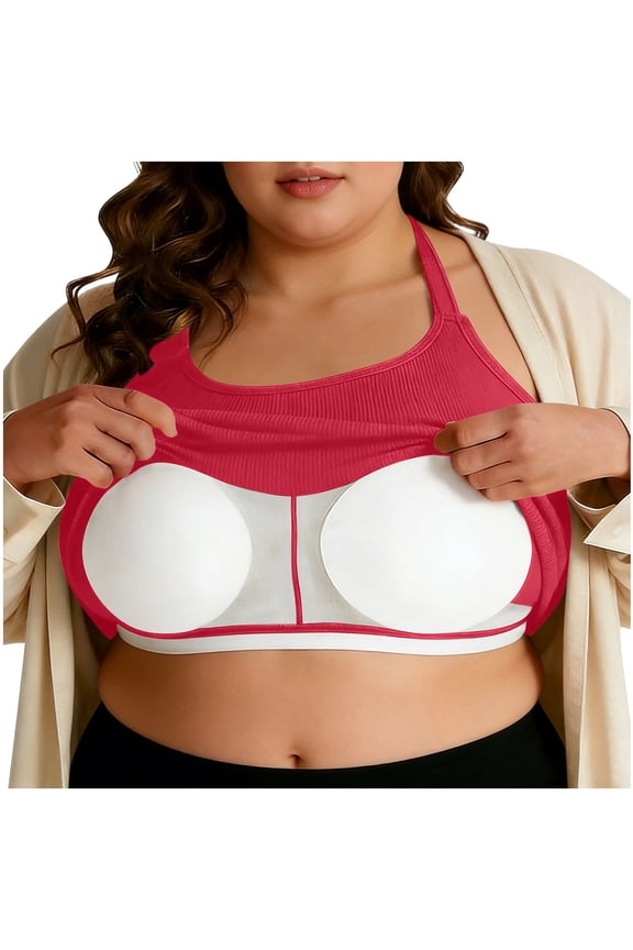 Womens Plus Size Ribbed Tank Tops with Built in Bra Summer Halter Cropped T Shirts Sports Workout Yoga Top Red, XL