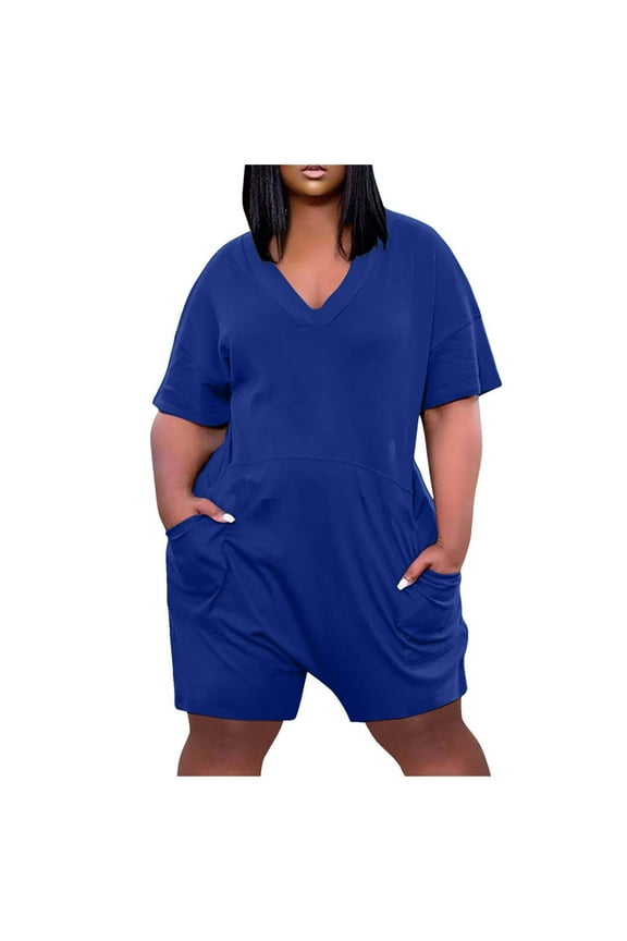 Womens Plus Size Rompers Summer Short Sleeve V Neck Casual Loose Wide Leg Shorts Jumpsuits Playsuit with Pockets Womens Clothes
