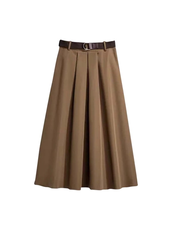 Womens Plus Size Ruffle Skirt 50s Retro Vintage High Waist Pleated Flared A-Line Swing Skirt Khaki, XL
