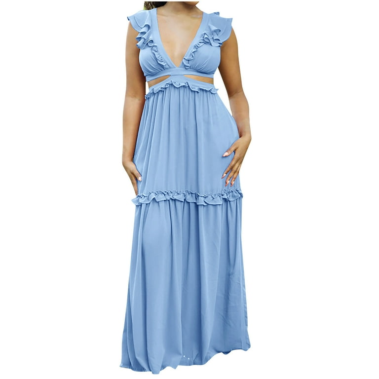 Womens Plus Size Ruffle Summer Dress Sleeveless Deep V Neck Cut