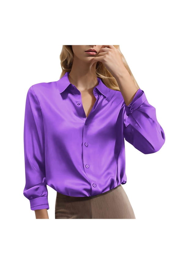 Womens Plus Size Satin T-Shirts, Long Sleeve Shirts for Women Fall Fashion Loose Fit Solid Color Lapel Button Down Dressy Blouses