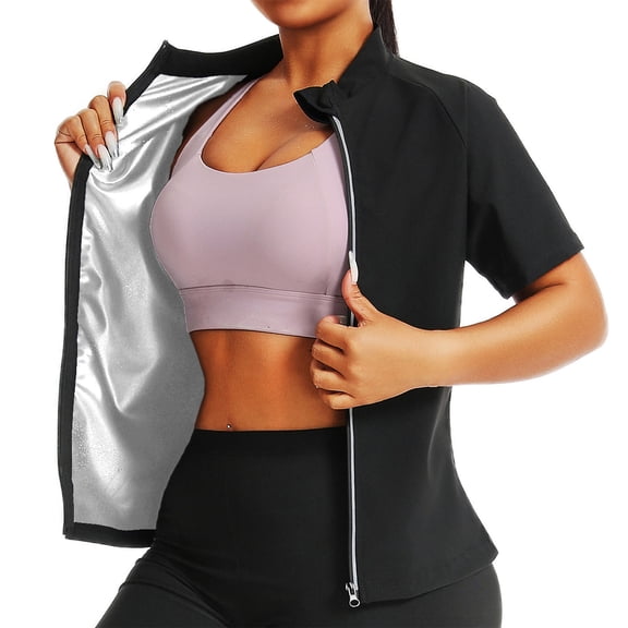 Womens Plus Size Sauna Suit Hot Sweat Body Shaper Jacket Waist Trainer Short Sleeve Zipper Sauna Suits