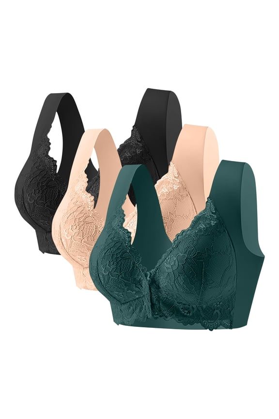 Womens Plus Size Seamless Bras, Front Closure 3 Pack Bralettes for Women Lace Bra Longline Bralette Deep V Triangle Sexy Everyday Lingerie Bras Non Padded M-5XL