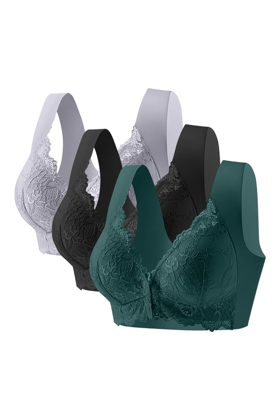 Womens Plus Size Seamless Bras, Front Closure 3 Pack Bralettes for Women Lace Bra Longline Bralette Deep V Triangle Sexy Everyday Lingerie Bras Non Padded M-5XL