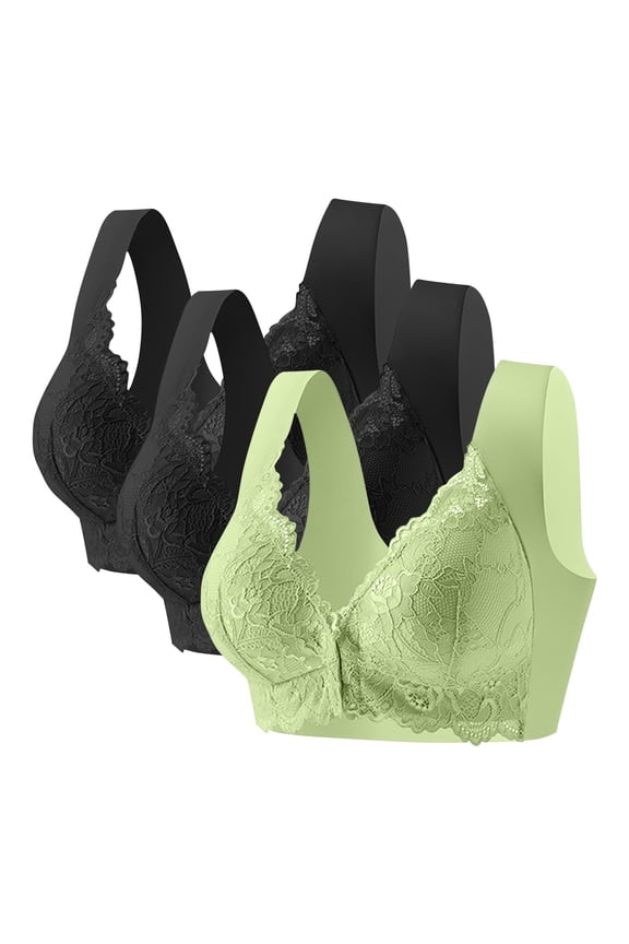 Womens Plus Size Seamless Bras, Lace Bralette for Women Sexy Deep V Neck Wireless Bralette Plunge Unpadded Bras Front Closure Everyday Bra 3 Pack M-5XL