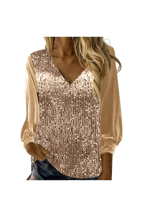 Womens Plus Size Sequin Tops Dressy Velvet Long Sleeve V Neck Shirt Fashion Fall Casual Sparkly Loose Blouse (Gold 3XL)