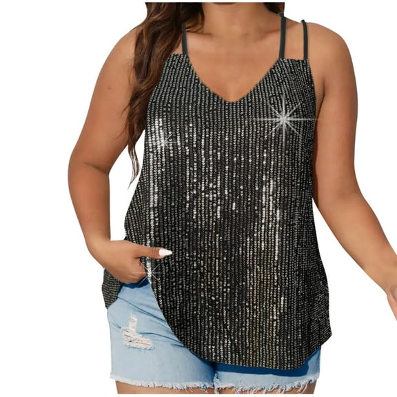 Womens Plus Size Sequins Tank Tops Sexy V Neek Sparkle Camisole Spaghetti Strap Sleeveless Going Out Cami Shirts