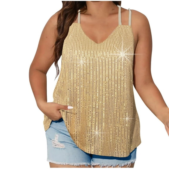 Womens Plus Size Sequins Tank Tops Sexy V Neek Sparkle Camisole Spaghetti Strap Sleeveless Going Out Cami Shirts
