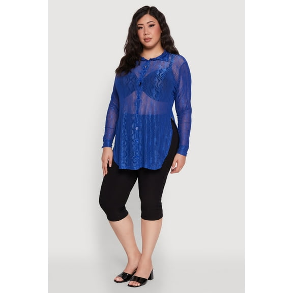 Womens Plus Size Sheer Classic Fit Long Sleeve Tunic Shirt