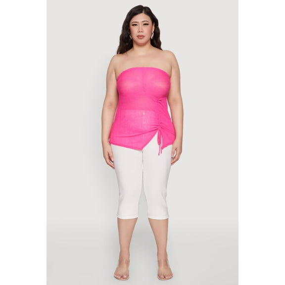 Womens Plus Size Sheer Ruched Drawstring Tube Top