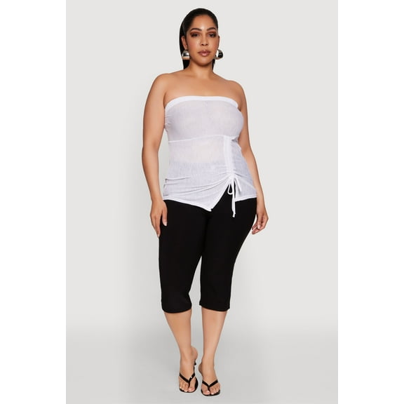 Womens Plus Size Sheer Ruched Drawstring Tube Top